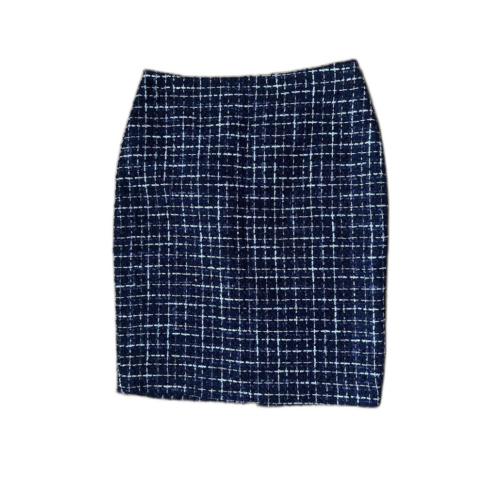 Karl Lagerfeld Plaid Tweed Skirt Knee Length Lined Blue Black White Preppy Sz 4